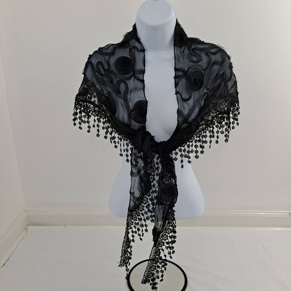 Shawl Sheer Tassel Black Swirl Ribbon Shoulder Cover Triangle 18x74 - Picture 2 of 7